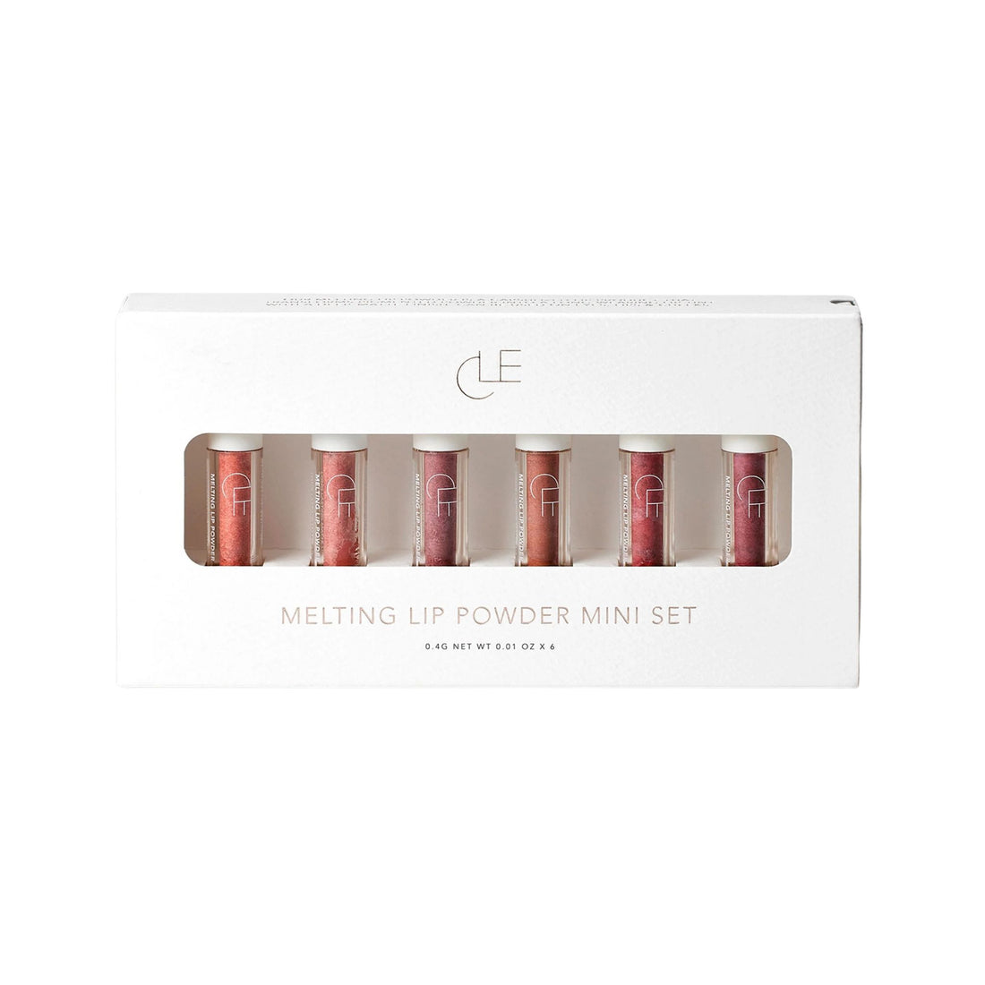 Set of five lip glosses in a white box with a brand logo on a white background