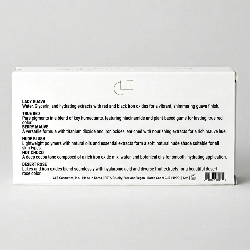 Set of five lip glosses in a white box with a brand logo on a white background