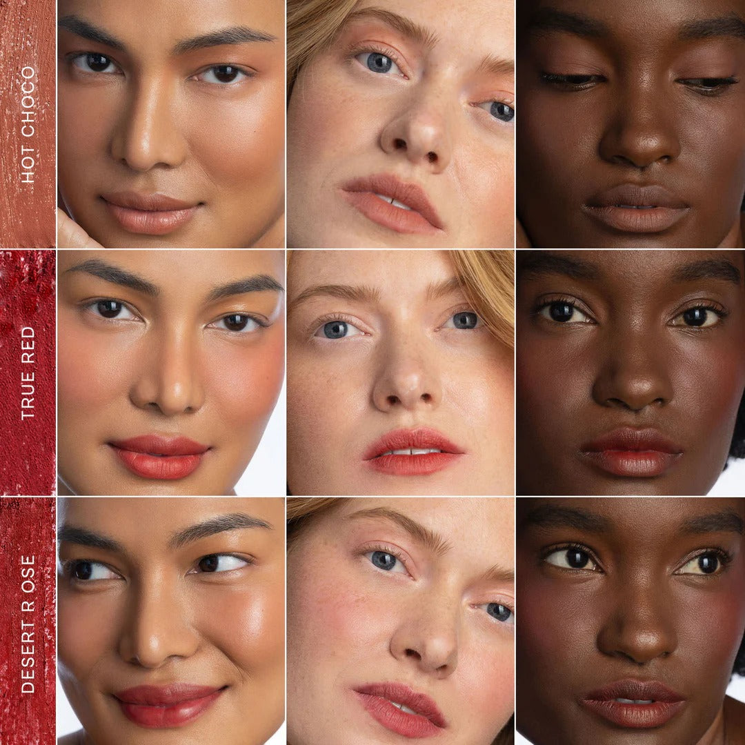 Grid of diverse faces with color swatches labeled 'Hot Choco', 'True Red', and 'Desert Rose'.