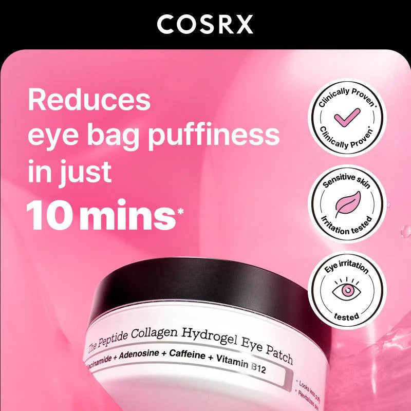 Cosrx eye patch packaging with pink background and product details.
