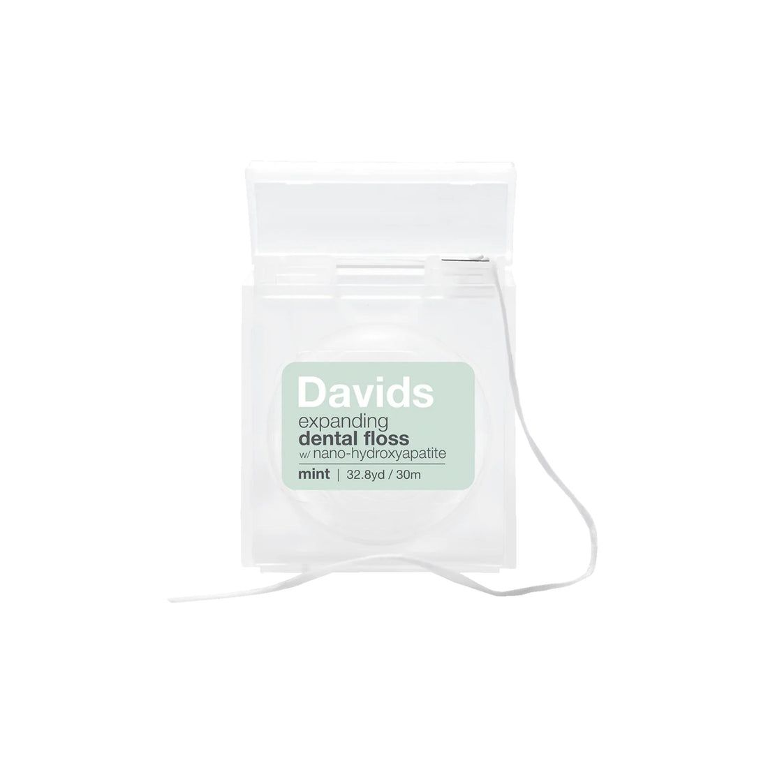 A pack of Davids expanding dental floss in mint flavor, shown in a clear plastic pouch with a white string and a light green label on a white background.