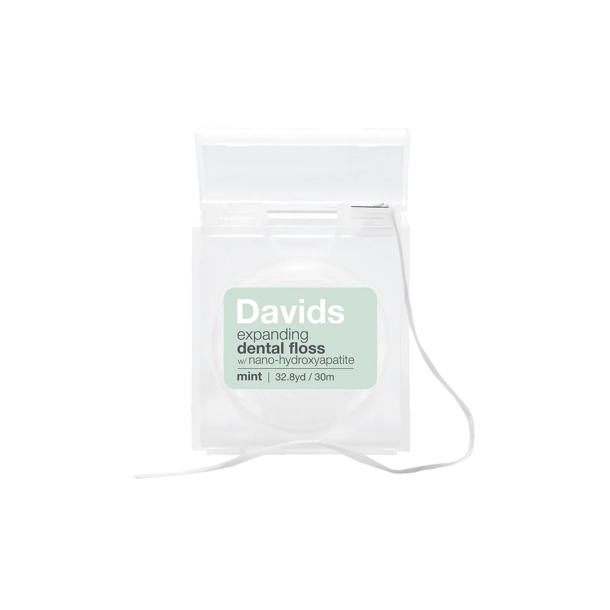 A pack of Davids expanding dental floss in mint flavor, shown in a clear plastic pouch with a white string and a light green label on a white background.