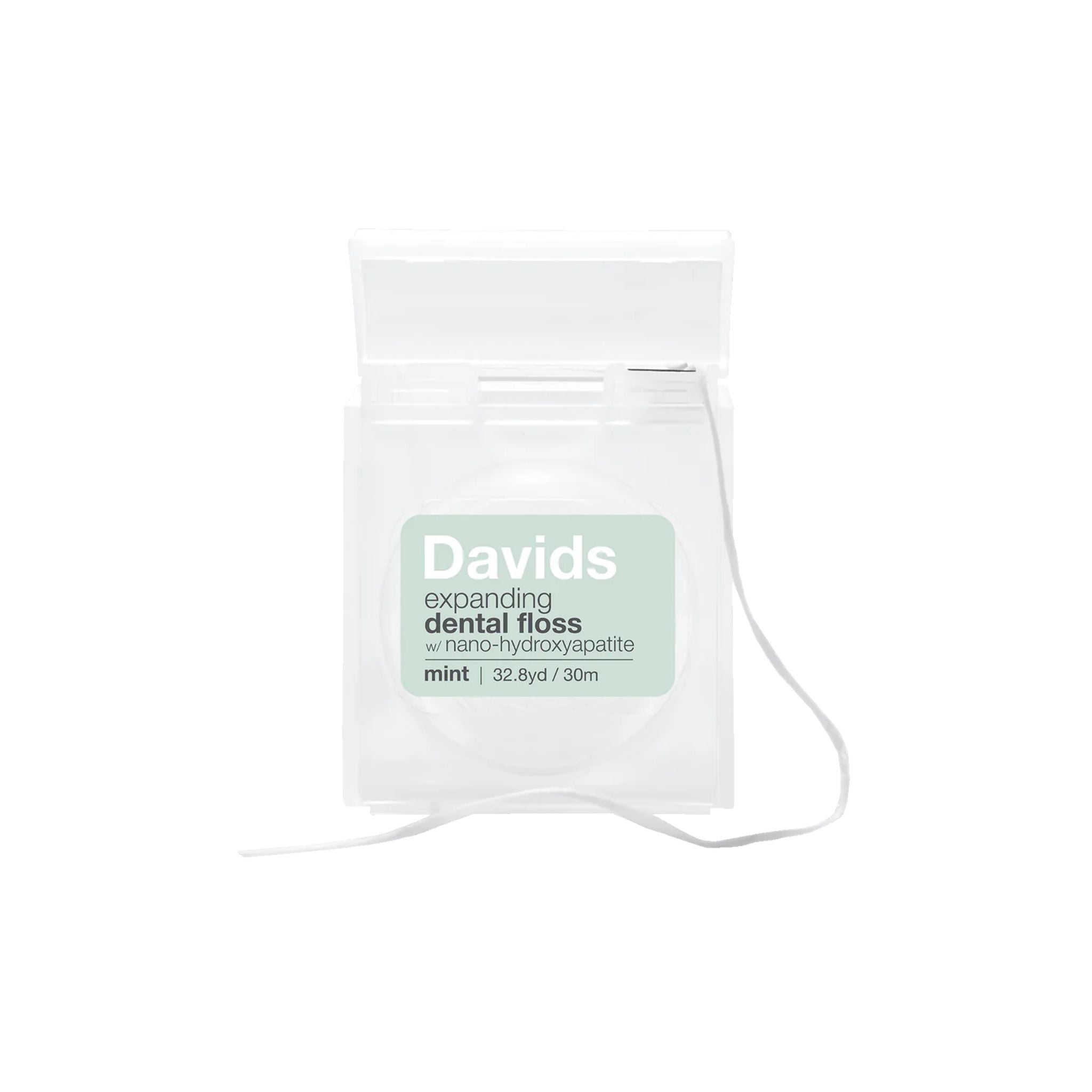 A pack of Davids expanding dental floss in mint flavor, shown in a clear plastic pouch with a white string and a light green label on a white background.
