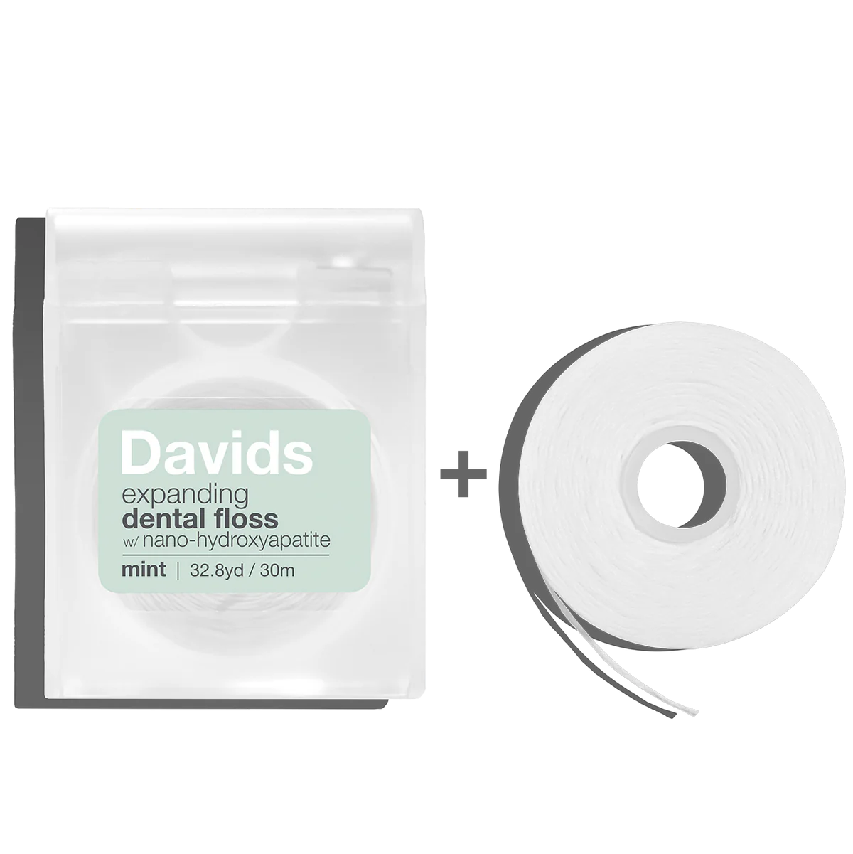 Davids expanding dental floss packaging with a roll of dental floss on a white background