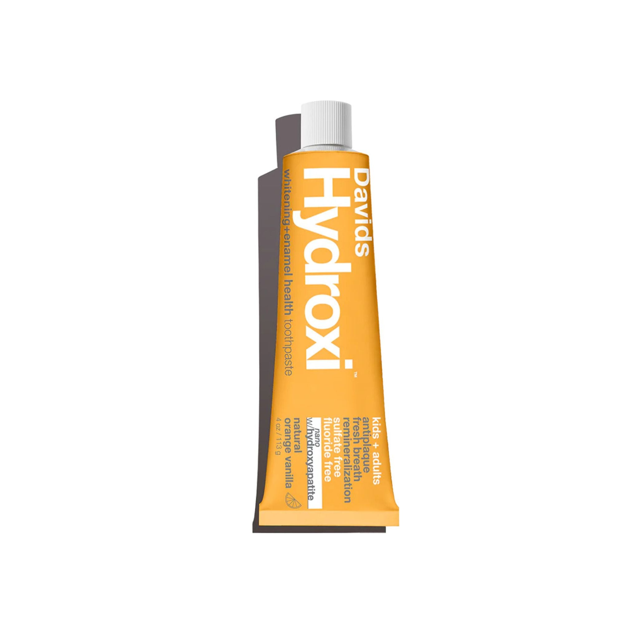 A tube of Davids Hydroxi tooth powder in orange with a white cap, shown on a plain white background.
