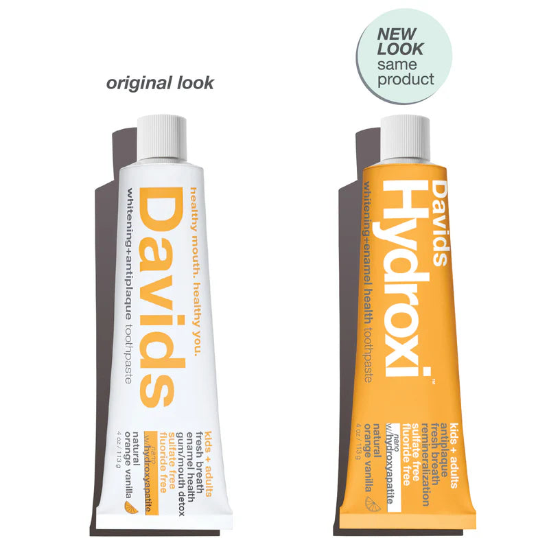 Two toothpaste tubes labeled 'Davids' and 'Hydroxi' on a white background.