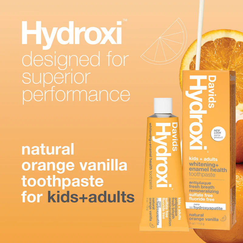 Promotional image of Davids Hydroxi toothpaste with an orange background