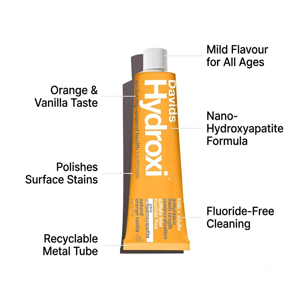 A tube of Davids Hydroxi oral health cleaning compound shown on a white background with callout labels describing its orange and vanilla taste, nano-hydroxyapatite formula, mild flavour, surface stain polishing, fluoride-free cleaning, and recyclable metal tube.