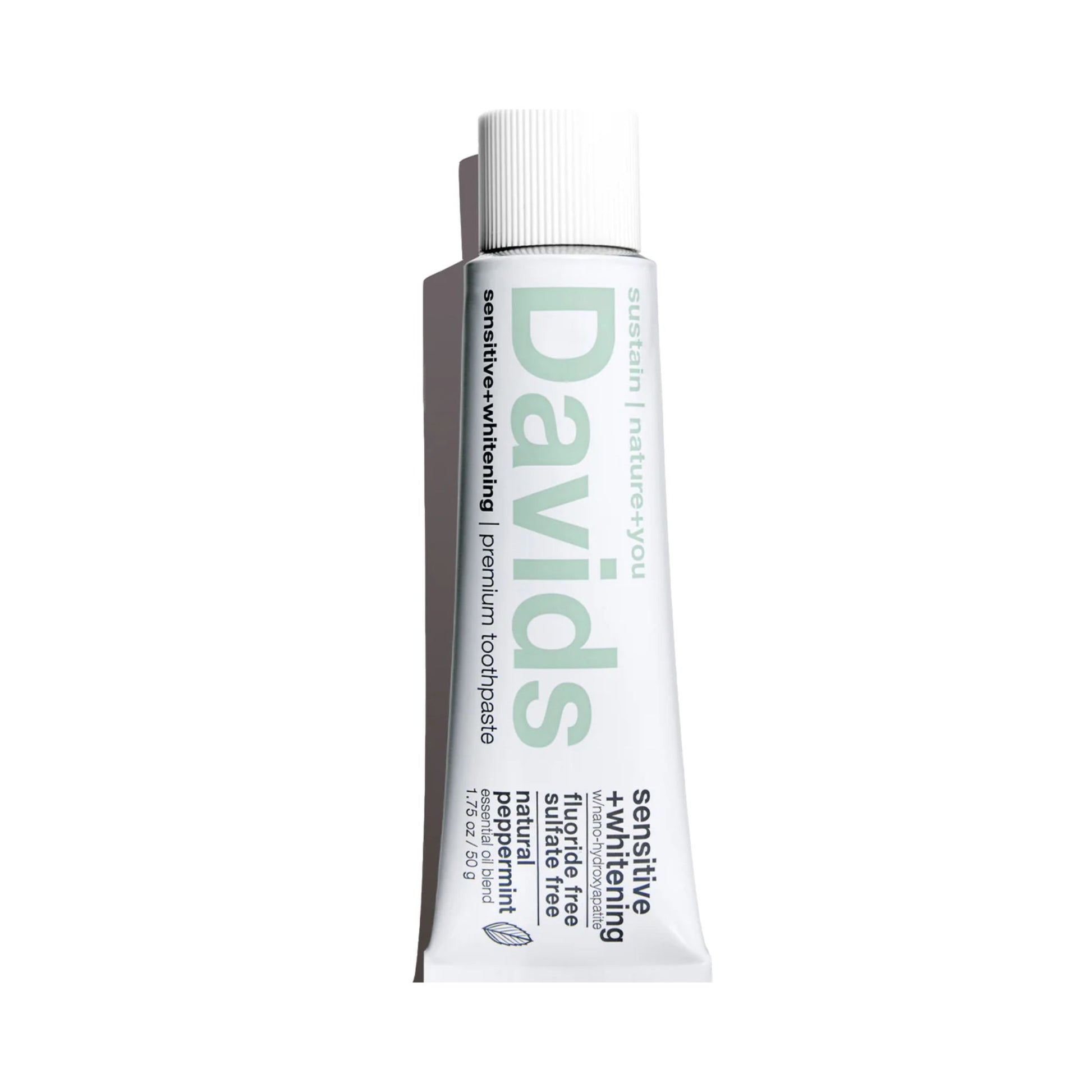 A squeeze tube of Davids Sensitive Whitening Toothpaste on a solid white background.