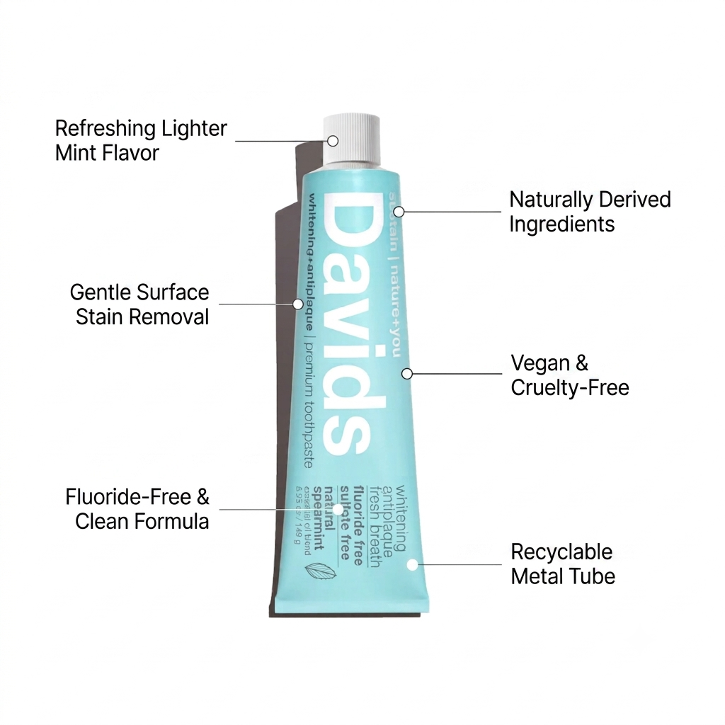 A light blue squeeze tube of Davids Whitening Fruit Cream with callout labels pointing out features like mint flavor, gentle surface stain removal, naturally derived ingredients, vegan and cruelty-free status, fluoride-free clean formula, and recyclable metal tube, on a white background.