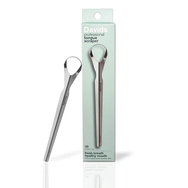 Davids professional tongue scraper with packaging on a white background