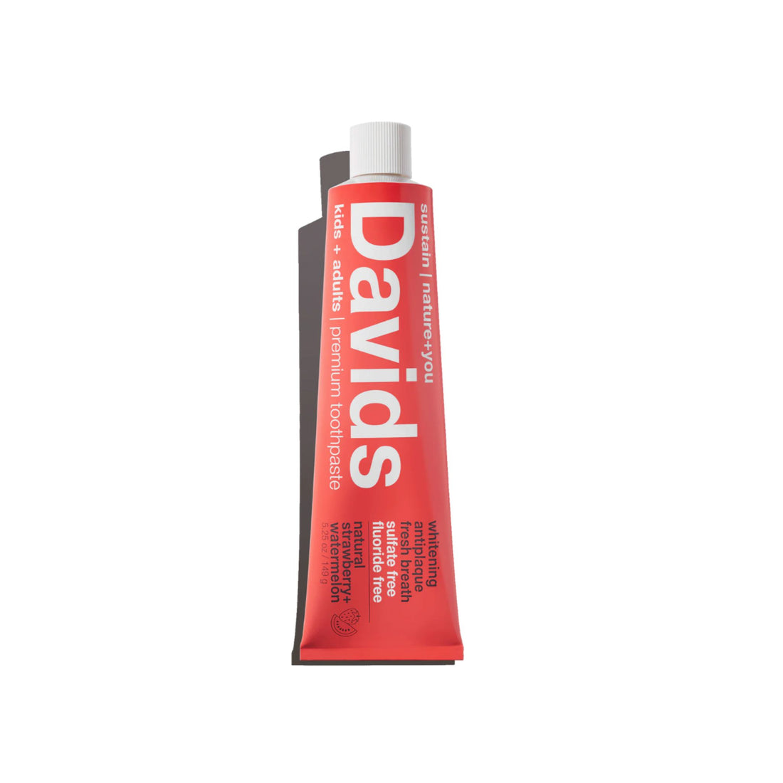 A tube of Davids Whitening Toothpaste for kids, featuring a bright red body with white text and a white cap, shown on a plain white background.