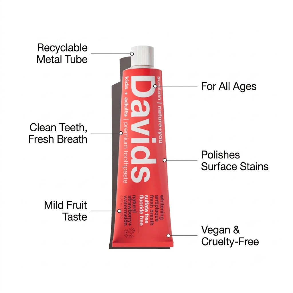 A red tube of Davids Whitening Toothpaste shown on a white background with multiple callout labels pointing to features such as recyclable metal tube, clean teeth, fresh breath, for all ages, surface stain polishing, mild fruit taste, and vegan/cruelty-free status.