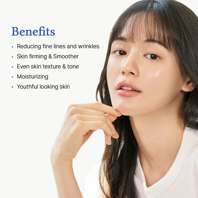 Woman with text listing skincare benefits on a white background