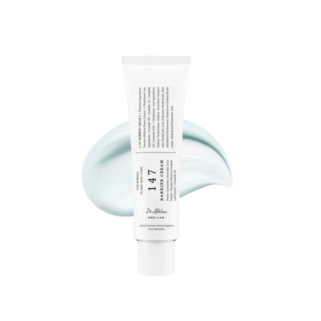 A white squeeze tube of Dr. Alhama Hair Care 147 Ashy Gray Hair Color Cream, shown against a white background with a light blue-gray hair color smear behind it.