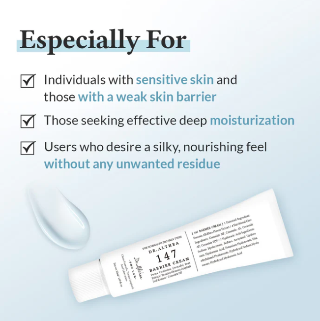 Tube of Dr. Althea 147 Barrier Cream with text highlighting its benefits on a light blue background