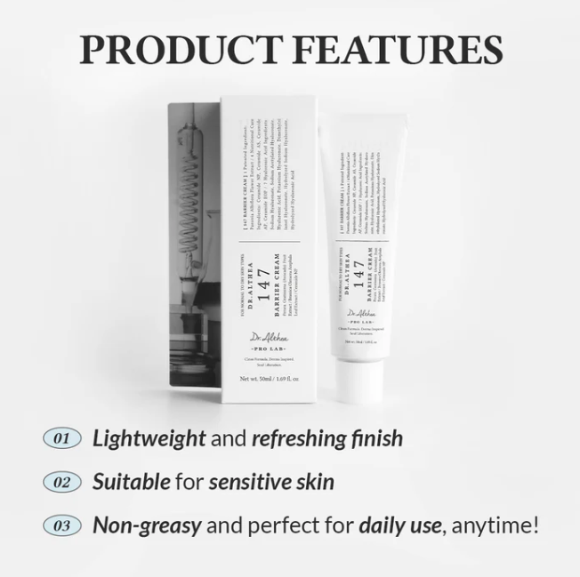 Product packaging with features listed on a white background
