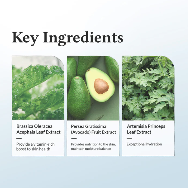 Key ingredients with images and descriptions on a light blue background
