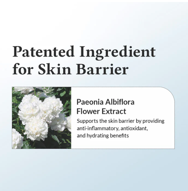 Advertisement for Paeonia Albiflora Flower Extract as a patented ingredient for skin barrier support.