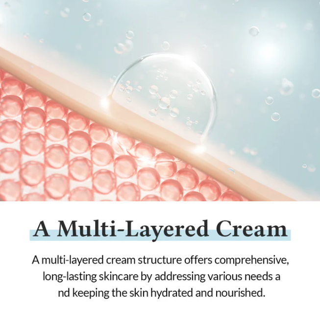 Close-up of a multi-layered cream with text about its benefits on a light blue background.