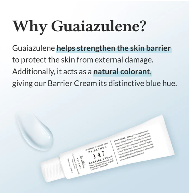 Tube of Dr. Athea Barrier Cream with text explaining guaiazulene's benefits on a light blue background