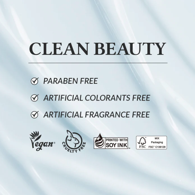Clean beauty product label with certifications on a light blue background
