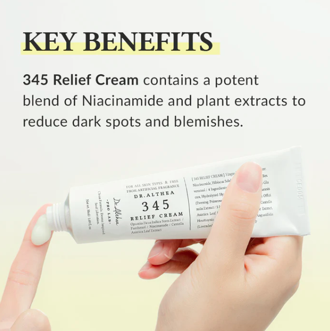 Hand holding a tube of Dr. Althea 345 Relief Cream with text about its key benefits.