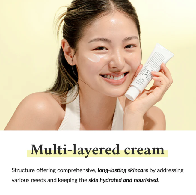 Woman holding a tube of cream with text about multi-layered skincare on a light yellow background