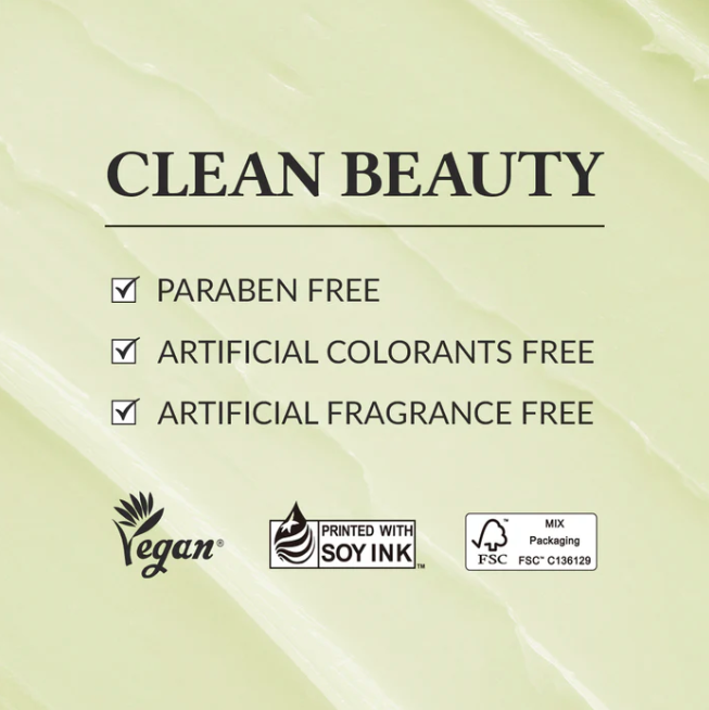 Clean beauty label with certifications on a light green background