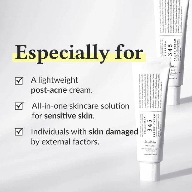 Skincare cream tube with text highlighting its uses on a white background