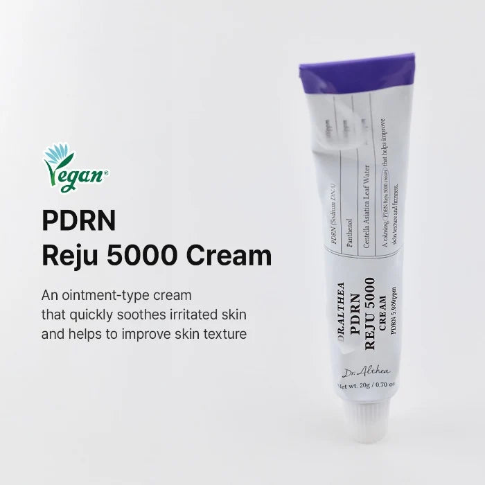 PDRN Reju 5000 Cream tube on a white background with vegan label