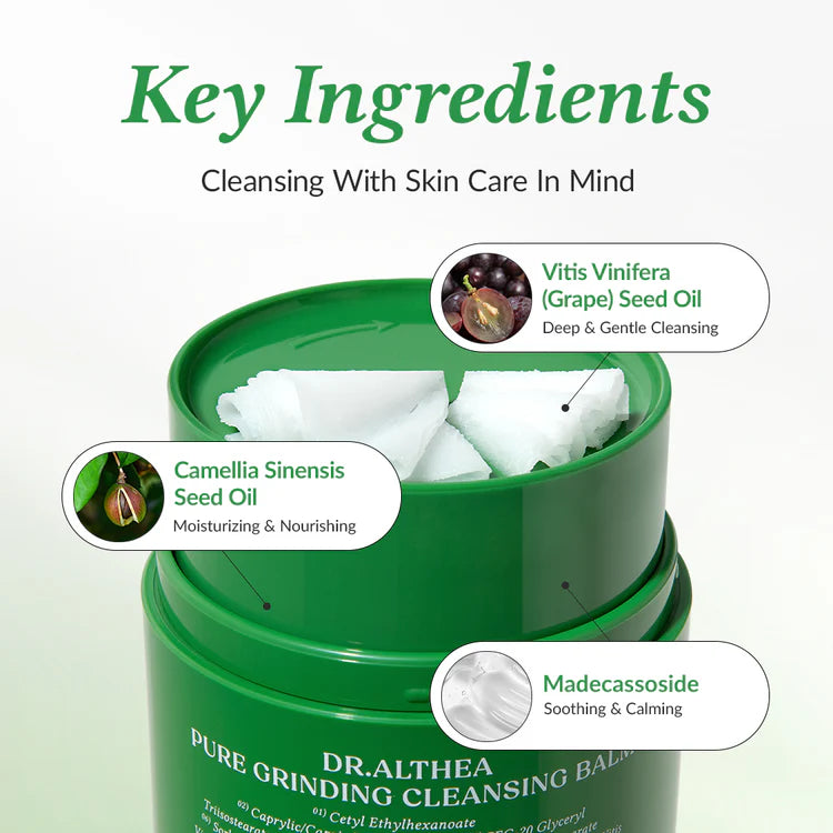 The Pharmacy Lab Dr. Althea Pure Grinding Cleansing Balm featuring grape seed oil, camellia seed oil, and madecassoside