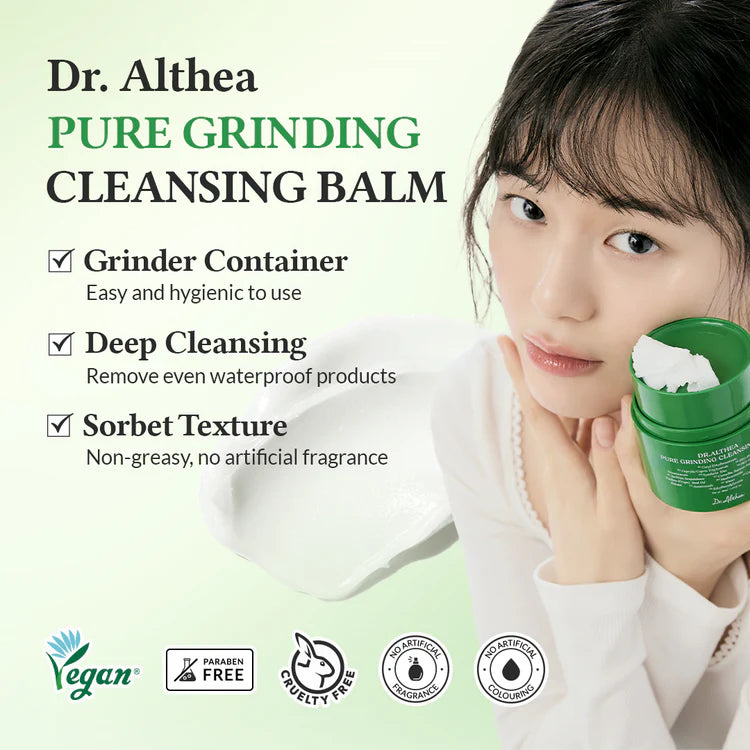 The Pharmacy Lab Dr. Althea Pure Grinding Cleansing Balm sorbet texture shown inside green grinder container