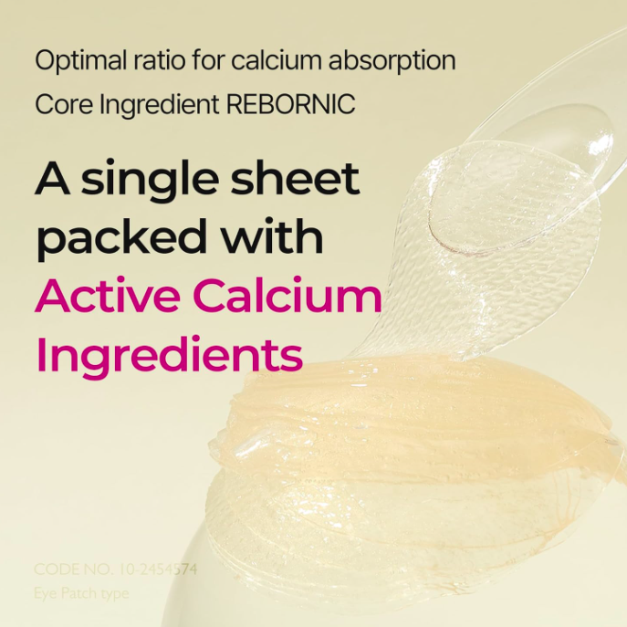 Sheet mask with text about calcium absorption and REBORNIC ingredient on a beige background