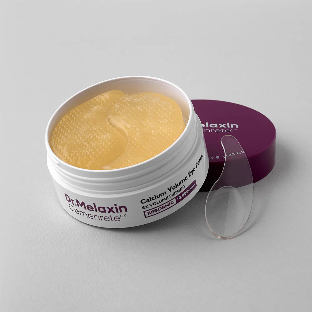 Dr. Melaxin eye patches in a container on a gray background