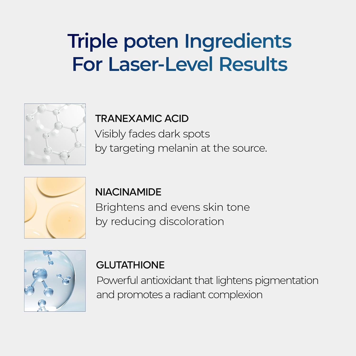 Advertisement for skincare products with ingredients like Tranexamic Acid, Niacinamide, and Glutathione on a white background.