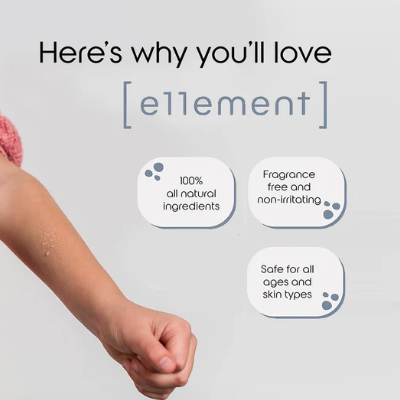 Advertisement for 'e11ement' with a hand holding a product and text about natural ingredients and safety.