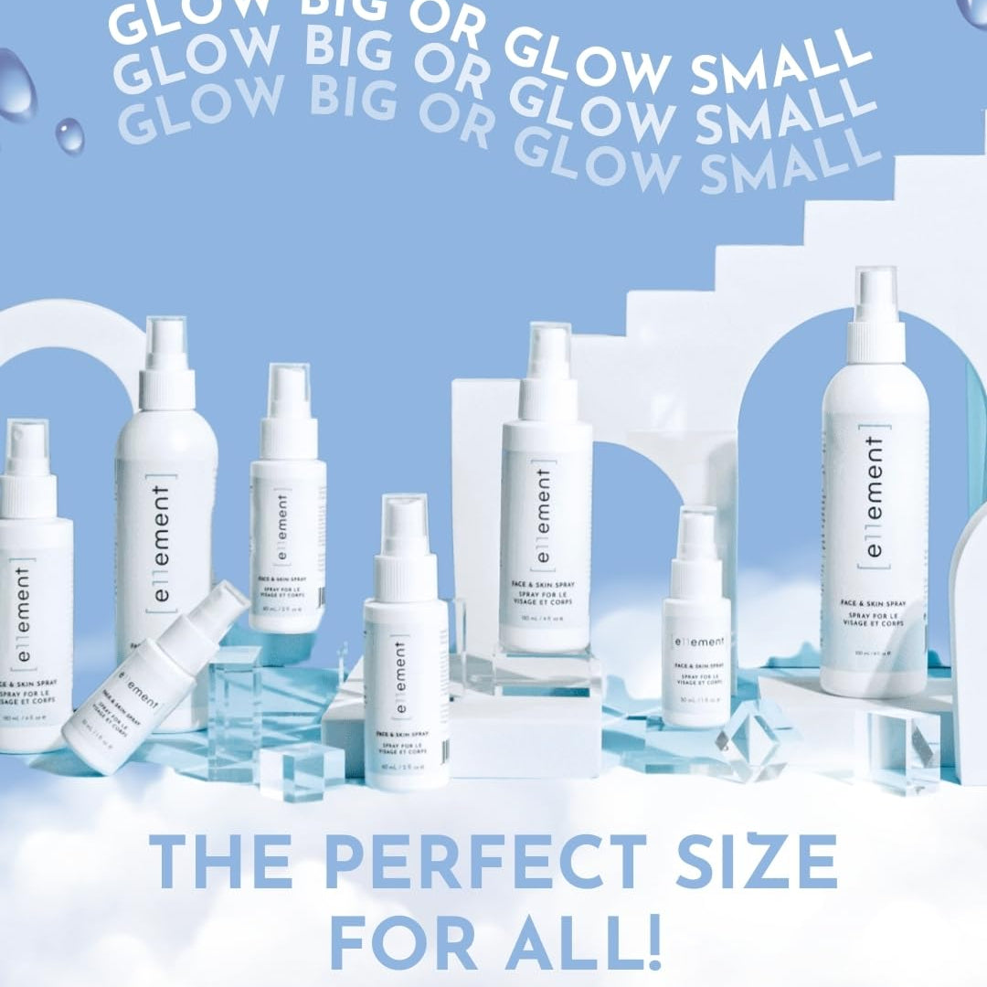 Cosmetic bottles with 'element' branding on a light blue background with water droplets.