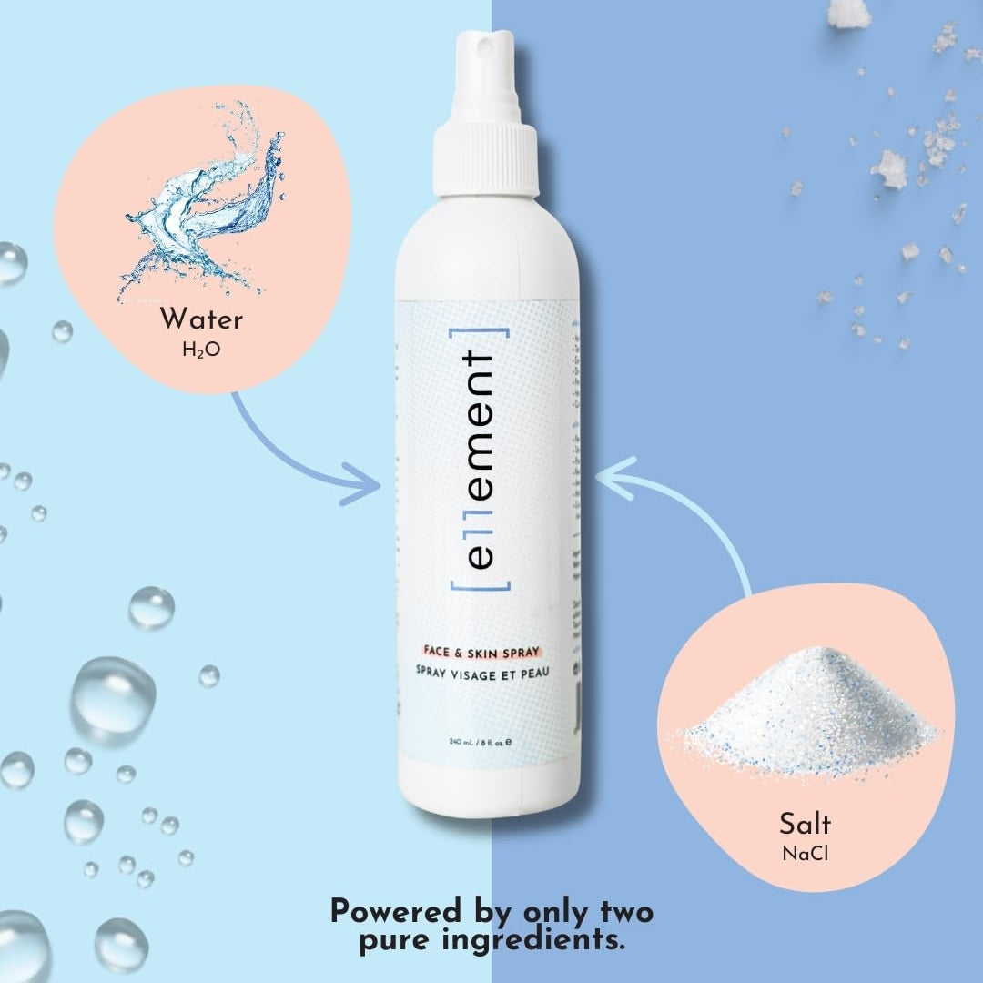 White spray bottle labeled 'element' with water and salt graphics on a blue background