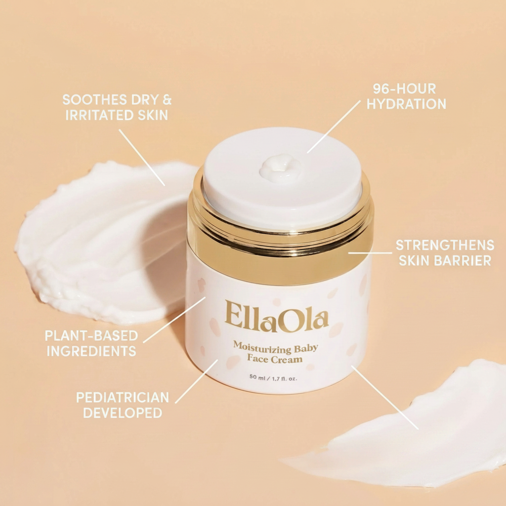 EllaOla moisturizing baby face cream jar with text highlighting benefits on a beige background