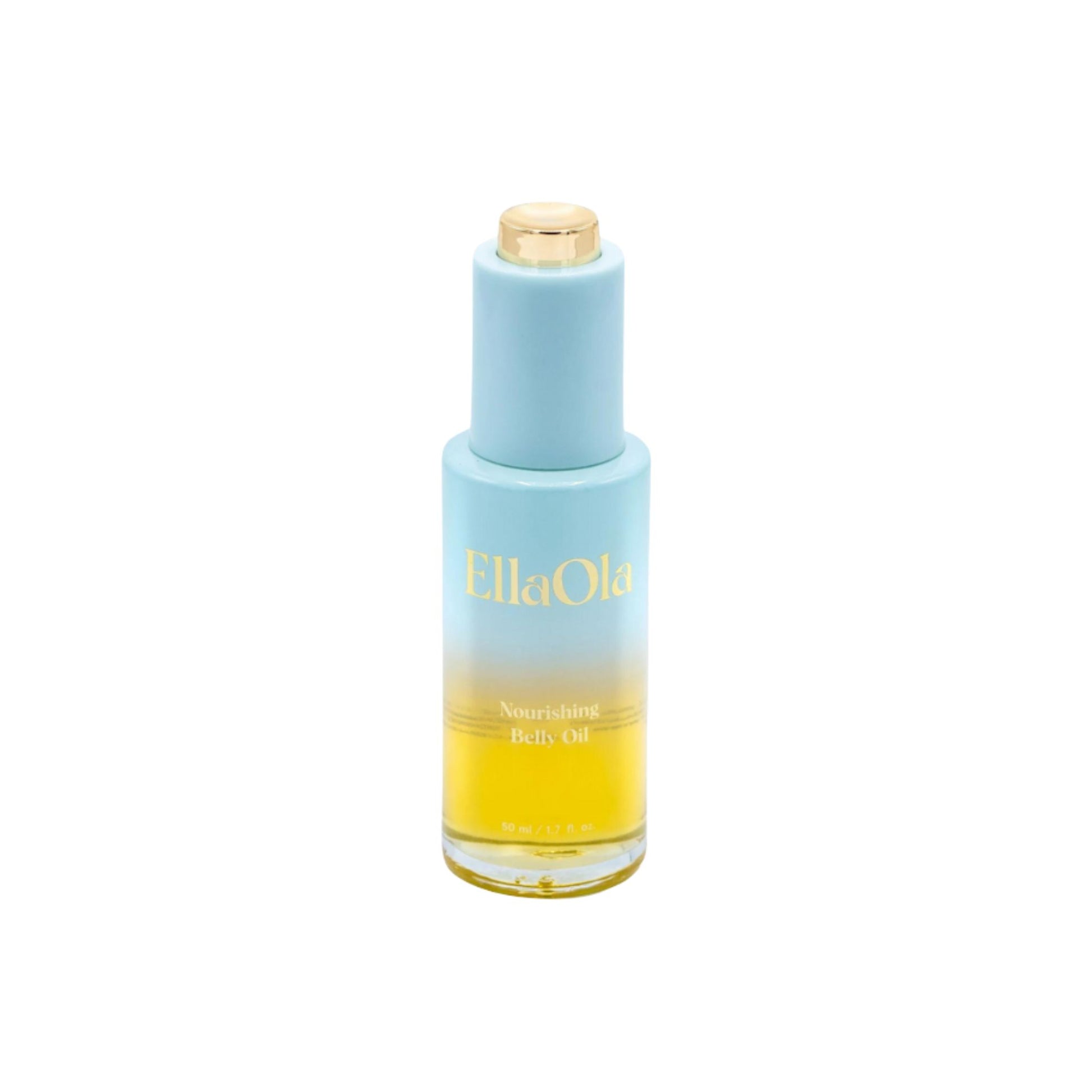 Bottle of Ella Ola body oil with a gradient design on a white background