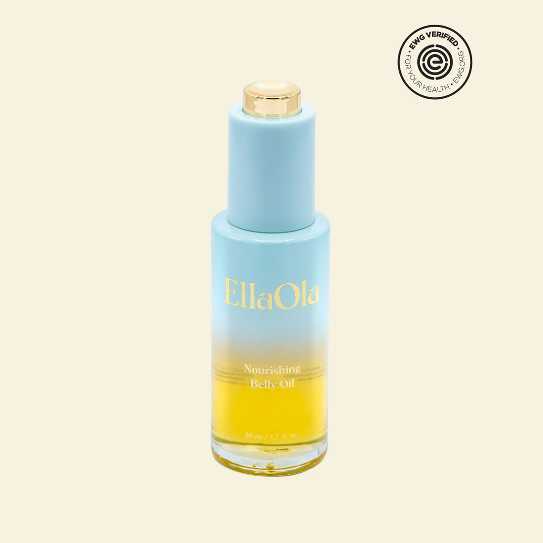 Bottle of Ella Ola body oil with a gradient design on a white background