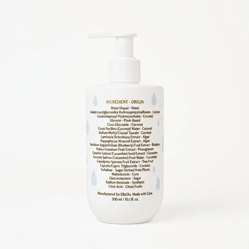 Ella Ola baby shampoo and body wash bottle on a white background