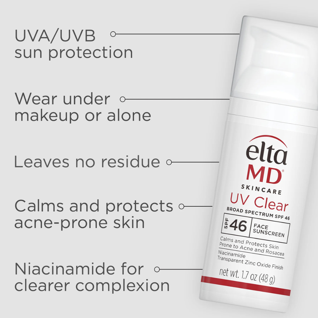 EltaMD UV Clear Broad Spectrum SPF 46 – lightweight facial sunscreen with niacinamide and zinc oxide that calms, protects, and prevents acne or rosacea flare-ups.