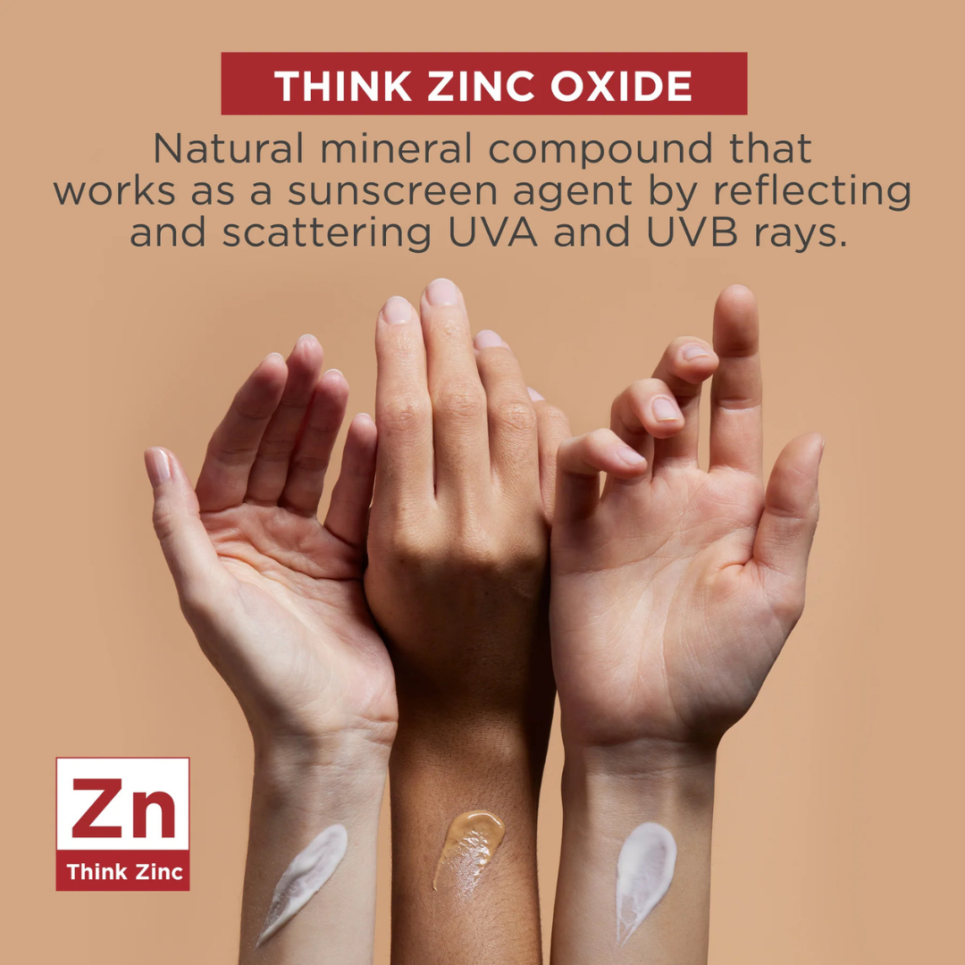 Three hands with different skin tones holding a beige color swatch, with 'Think Zinc' branding and text about zinc oxide.