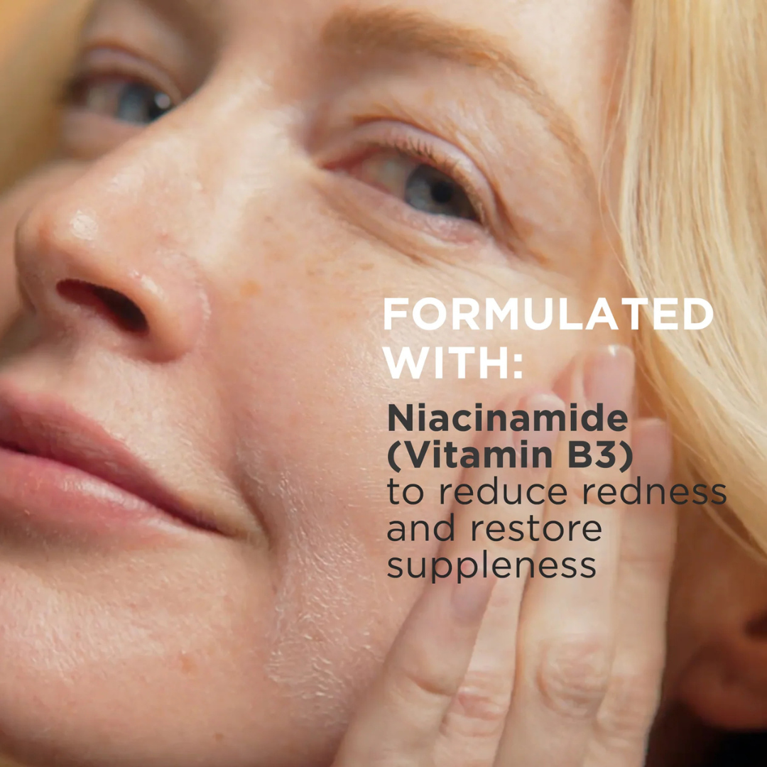 Close-up of a person's face with text about niacinamide and vitamin B3 for skin care.