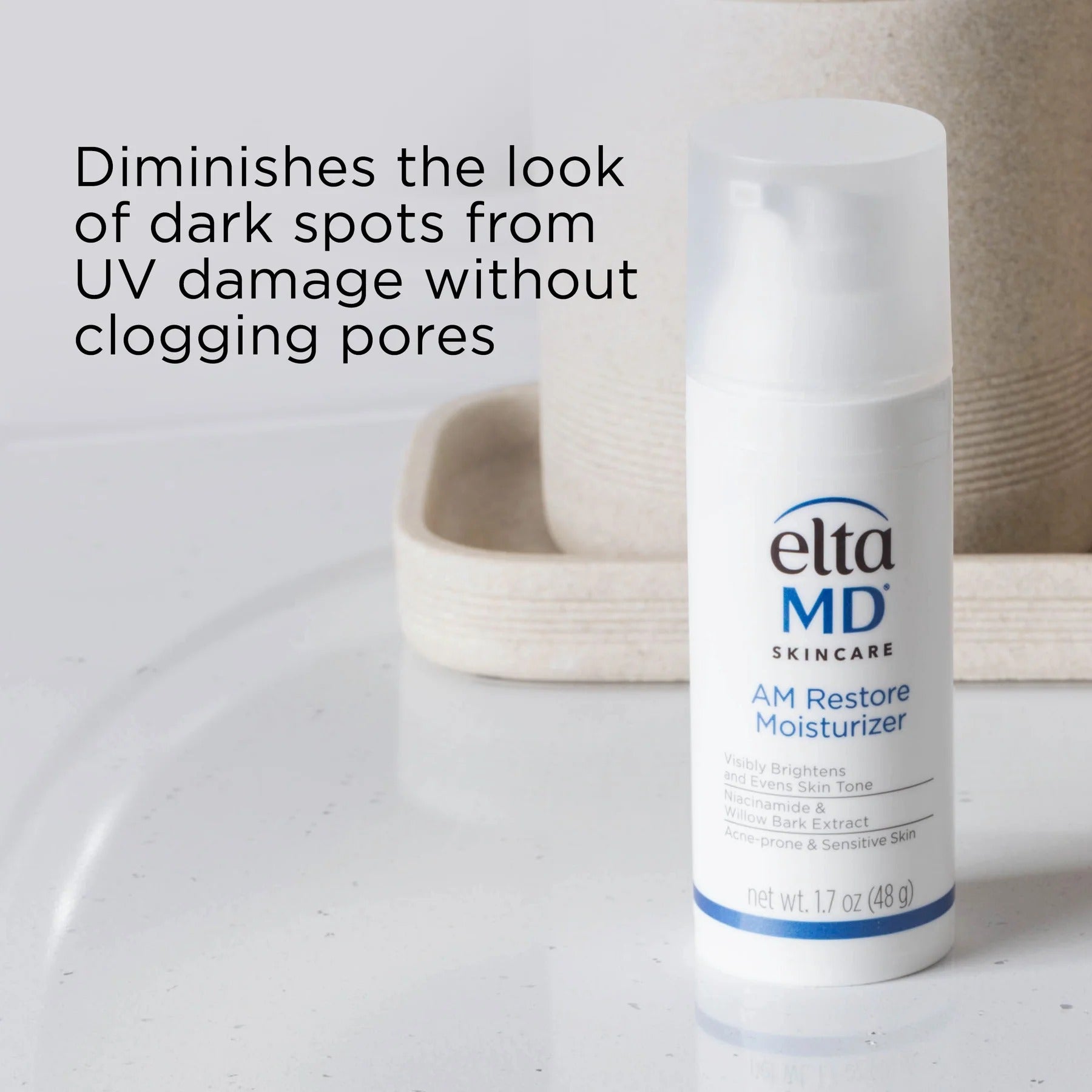 Eltamd skincare product on a bathroom counter with text about dark spot reduction.