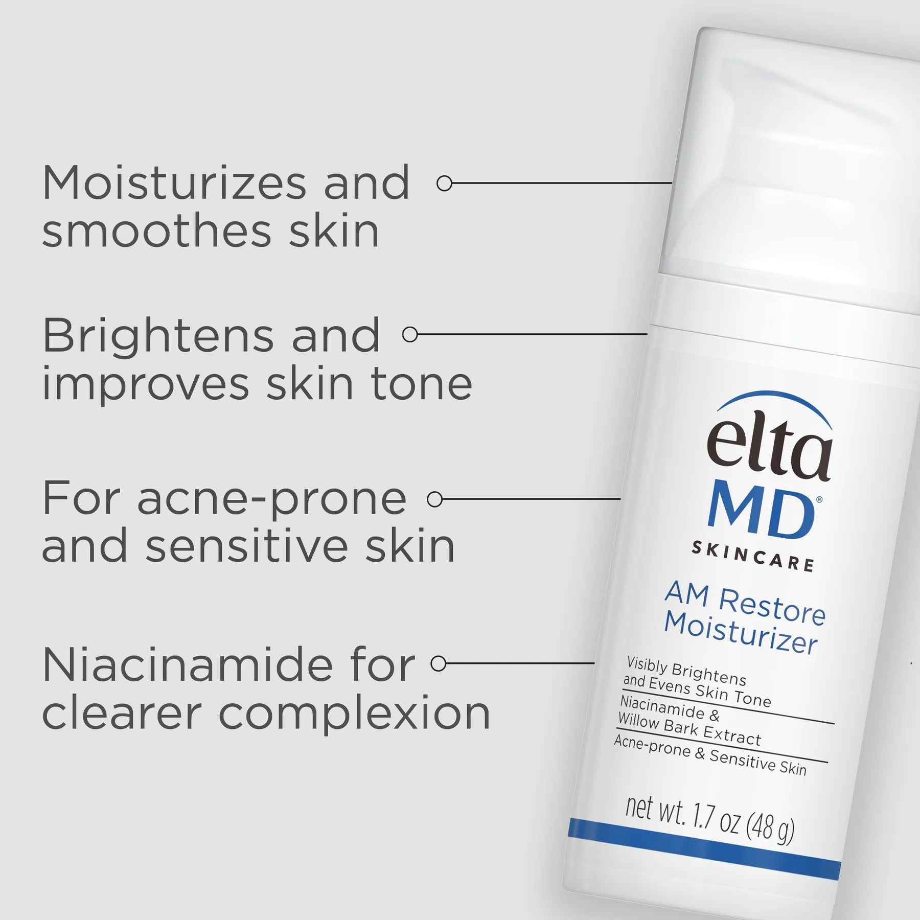 Elta MD skincare product with text highlighting its benefits on a light gray background
