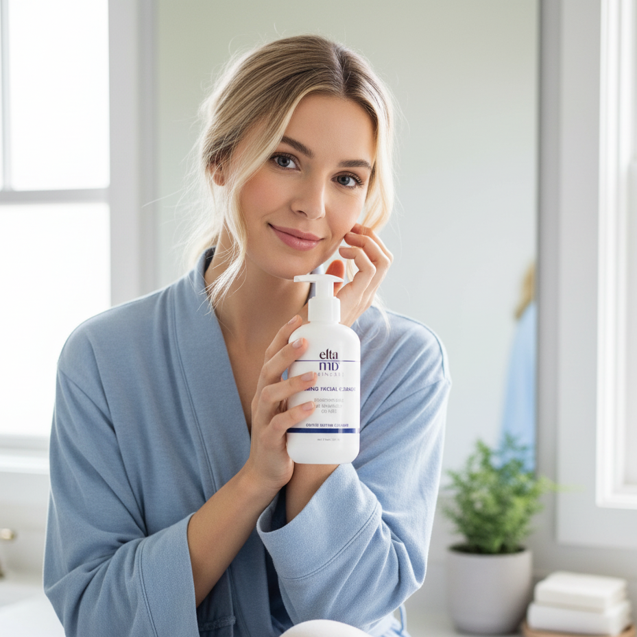 White woman in a blue robe holding a bottle of EltaMD Foaming Facial Cleanser in a well-lit bathroom setting.