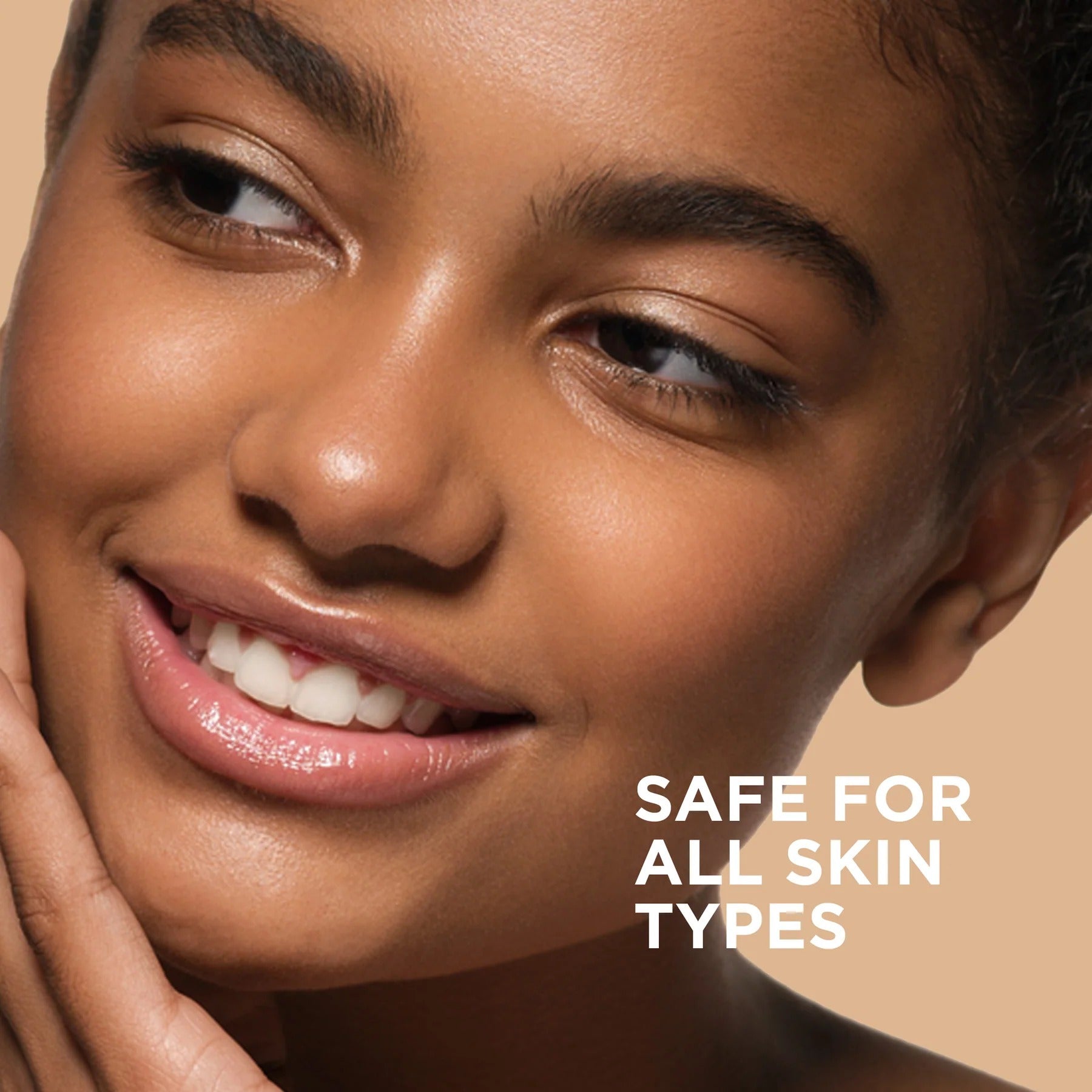 Close-up of a woman's face with a beige background and text 'Safe for all skin types'.